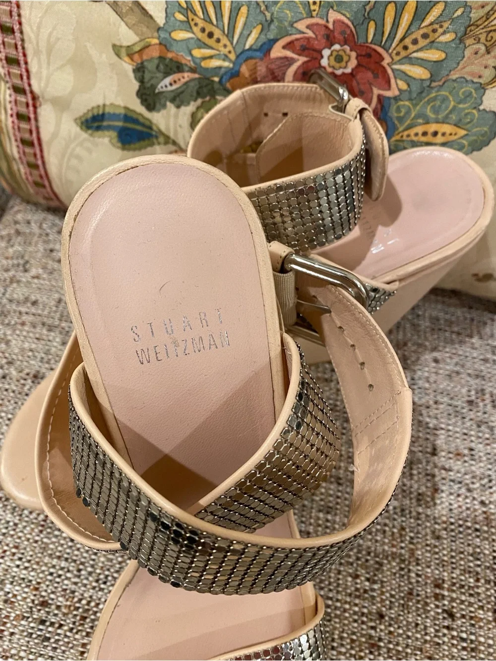 Stuart Weitzman Nude Platform Sandals with Silver Rhinestone Straps